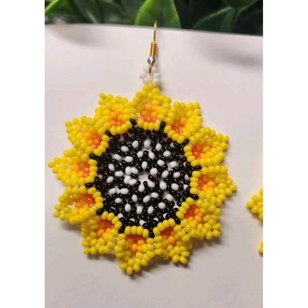 Boho Sunflower Seed Bead Earrings - Yellow Floral Dangle Jewelry - Handmade - Picture 6 of 6